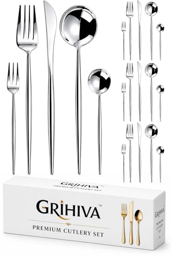 Image of 20 Pcs Silver Cutlery Set for Dining Table the Perfect Lightweight Silim Handle Tableware Including Dinner Spoon, Dinner Fork, Dinner Knife, Dessert Spoon & Dessert Fork