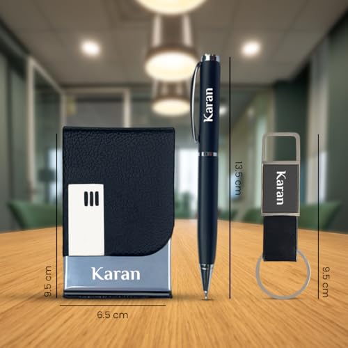 Image of Giftana Personalized Card Holder with Pen, Keychain with Name, 3 in 1 Customized Pen, Card Holder, Keychain Gift Set, Personalised Gifts for Husband, Diwali Corporate Gifts for Employee (Black)