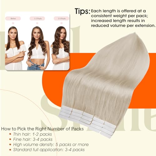 Full Shine Tape in Hair Extensions Human Hair 60 Platinum Blonde Tape Hair Extensions Real Human Hair 18Inch Seamless Skin Weft Human Hair Extension Tape ins 50G 20Pcs Invisible Remy Hair