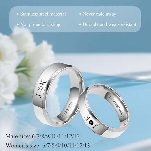 Personalized Matching Rings for Couples 2PCS Stainless Steel Couples Rings for Him and Her Set Engraved Promise Ring for Women Men Valentine's Day Birthday Anniversary Wedding Gift3