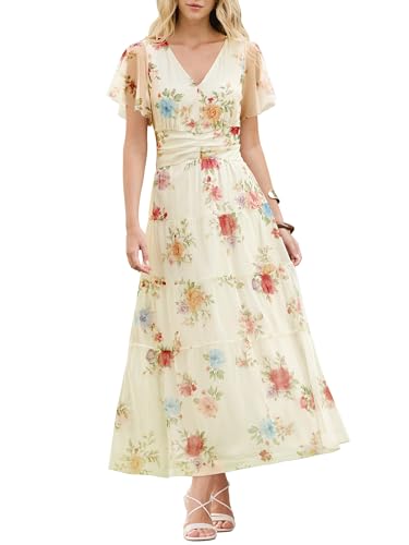 ANRABESS Womens Summer Floral Maxi Dress Short Sleeve Flowy Tulle