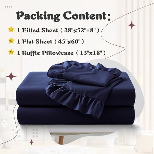 Image of KKJIAF 3 Piece Toddler Sheet Set Microfiber, Includes a Flat Sheet, a Fitted Sheet and a Ruffle Pillowcase, Navy Blue