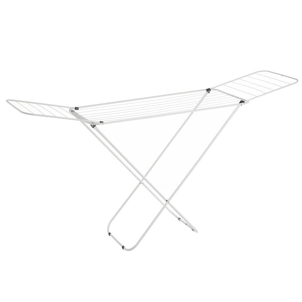 Tendedero Plegable de Metal Blanco con alas, Superficie de 182x95x47 cm. | Proporciona 16 metros de tendido eficiente. Muy compacto, de gran estabilidad y fácil de guardar. Para interior o exterior