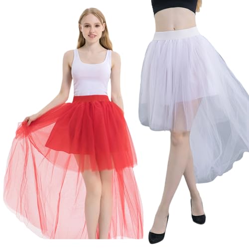 Womens Elastic Waist High and Low Tulle Long Skirt Multilayered Mesh Overskirt Tutus Skirts for Wedding Evening Party White2