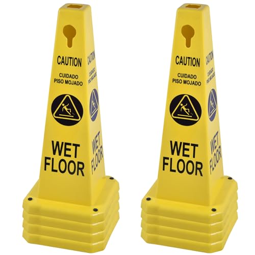 OrangeStar 8-Pack Wet Floor Caution Cones, Yellow Four Sided Bilingual Warning Message Safety Traffic Cones with Heavy Rubber Base for Indoor/Outdoor Use