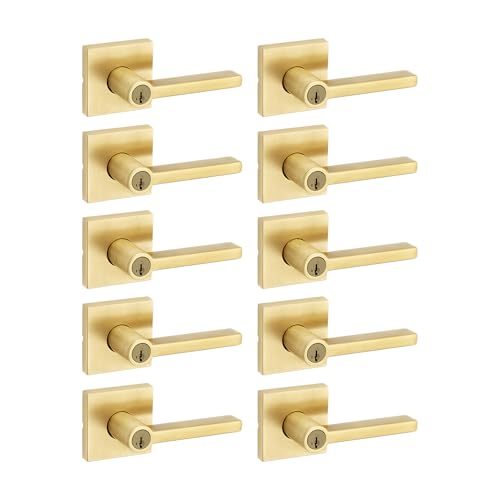 Image of Kwikset Halifax Entry Door Handle with Lock and Key, Secure Keyed Reversible Lever Exterior, for Front Entrance and Bedrooms, Satin Brass, 10 Pack, Pick Resistant SmartKey Rekey Security
