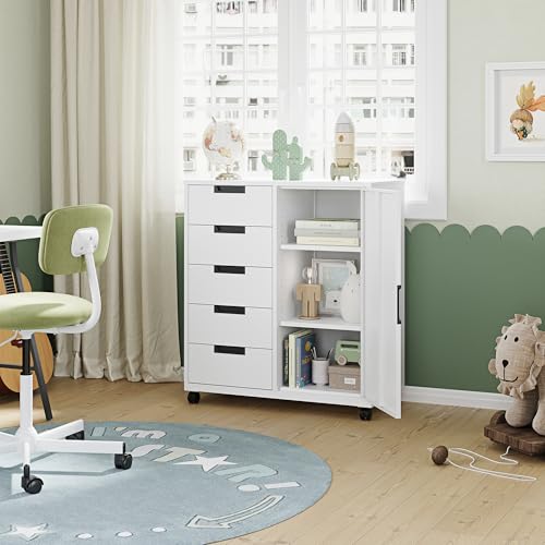 Letaya 5 Drawer Storage Cabinet, Mobile Printer Stand for Home Office,Dresser Chest with Shelves and Door(White) - Image 3