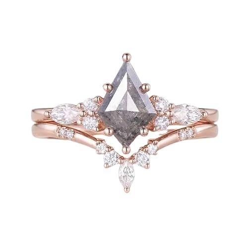 Vintage Salt And Pepper Diamond Ring for Women 1.5 Ct Kite Cut Salt and Pepper Engagement Ring Set 925 Sterling Silver 10K 14K 18K Gold Salt and Pepper Bridal Set Kite Cut Engagement Ring for Women