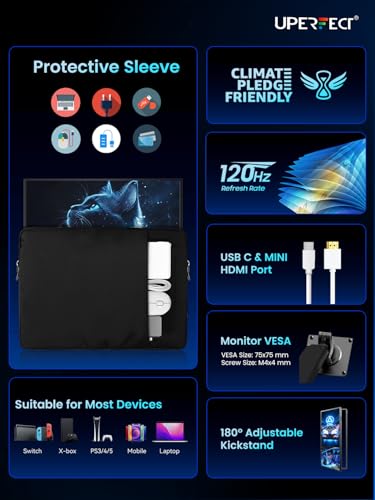 UPERFECT Portable Monitor 18.5 inch 120HZ 125% sRGB 1080P w/VESA & Kickstand, Large Portable Monitor FreeSync IPS HDR Gaming Display… – Ansicht 2