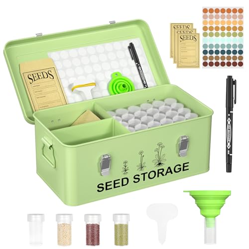 CZMIYRPY 60 Slots Seed Organizer Seed Storage Seed Box 3 Compartments Seeds Organizer Storage Box Metal Garden Seeds Packet Container with Lid and Safety Locks for Flower Plants Garden