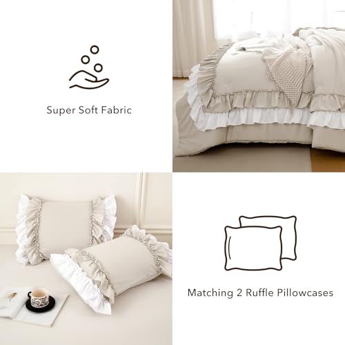 Image of QSH Wheat White Ruffle Comforter King Size,3PCs Shabby Boho Chic Ruffled Bedding Comforter Set King Farmhouse French Country Bed Comforter Set Ultra Soft Microfiber Lightweight Vintage Rustic Bedding