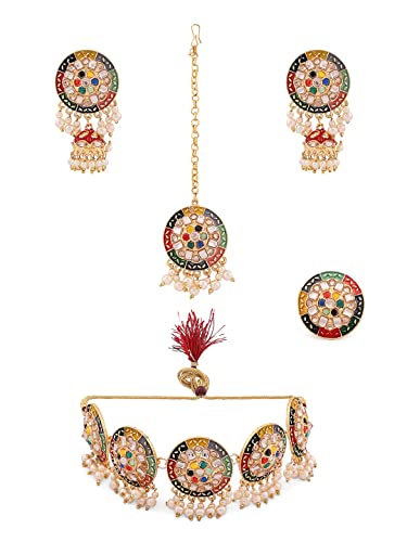 ZAVERI PEARLS Multicolor Meenakari Flower Design Choker Necklace Earring Maangtikka & Ring Set For Women-ZPFK13825