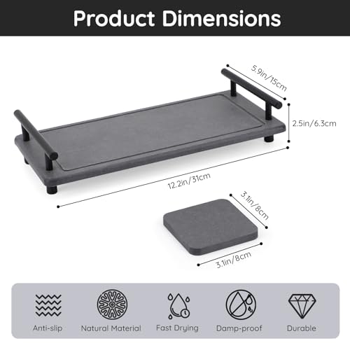 Image of Segbeauty 12x6in Bathroom Tray Countertop Organizer, Quick Dry Stone Drying Tray for Bathroom Kitchen, Water Absorbing Diatomaceous Earth Tray Stone Coasters Counter Decor Sponge Holder Vanity Trays