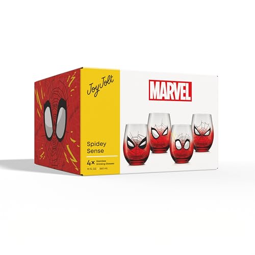 Image of JoyJolt Marvel Spider-Man Spidey-Sense Stemless Drinking Glasses, 19oz Superhero Glass Tumblers, Set of 4 Drink Glasses, Marvel Gifts for Men and Women