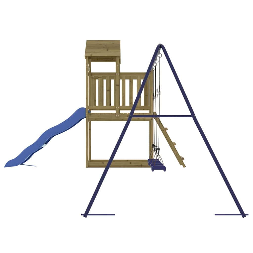 Torre da gioco in legno di pino impregnato in autoclave, con scivolo ondulato, piedistallo da 90 cm, scala, 2 altalene e sabbiera per giardino, parco giochi
