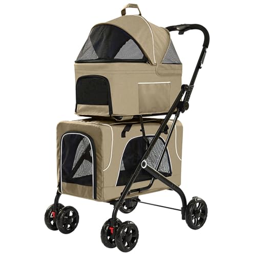 JQWD Travel Pet Stroller, Folding Double-Layer Dog Stroller with Storage Basket, Waterproof Oxford Cloth, 4 Wheels Puppy Pushchair for Travel(Khaki)