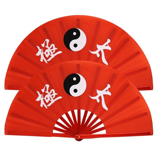 ZooBoo 2PCS Chinese Taichi Kungfu Fan Bamboo Martial Arts Sports Fighting Hand Fan 13inch (Taiji Red)