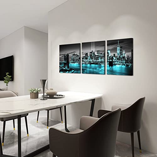 Conipit New York Brooklyn Bridge Canvas Wall Art Black And White City Pictures Teal Skyline Artwork Modern Night View Painting For Home Living Room Bedroom Office Decor 12X16 Inch (Teal, Small) #TOP4