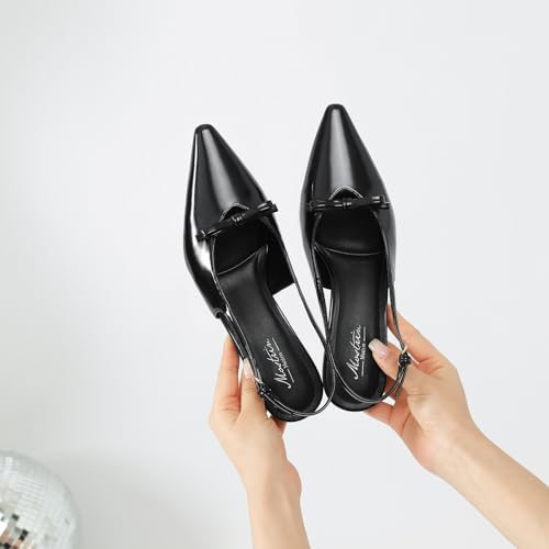 Mostrin Black Kitten Heels for Women Pointed Closed Toe Stilettos Slingback Low Heel Bow Pumps Dress Shoes for Daily Party Wedding Size 9.5 by Mostrin - Image 6
