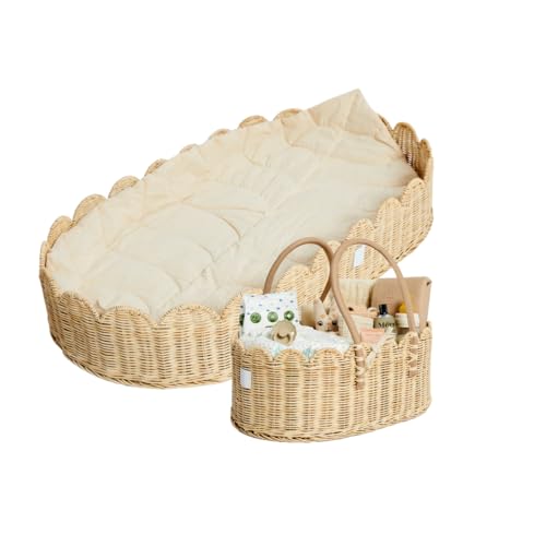 Image of BEBE BASK Premium Nursery Bundle - Baby Changing Basket & Baby Diaper Caddy Organizer - Scalloped Baskets - Scalloped Edge