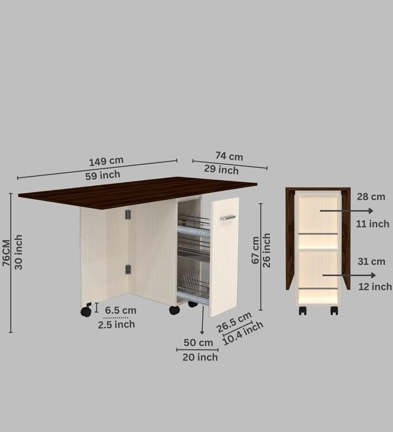 Image of SPECIALITY PANELS Space-Saving Folding Dining Table with Storage, 6-Seater, Engineered Wood, Asian Walnut & Highland Pine, 149x74x76 cm, Mobile with Wheels