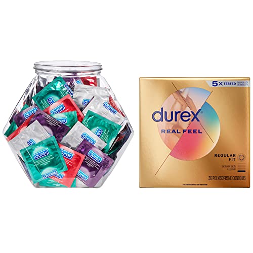Durex Condom Fish Bowl Natural Rubber Latex Bulk Condoms, 144 Count with Condoms for Sex, Non Latex Durex Avanti Bare Real Feel Lubricated Condoms