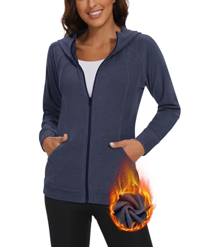Soneven Outdoor Fleecejacke Damen mit Kapuze Warm Sweatjacke Damen Kapuzenjacke Damen Winter Laufjacke Leicht Sport Full Zip Hoodie für Herbst Winter Blau M