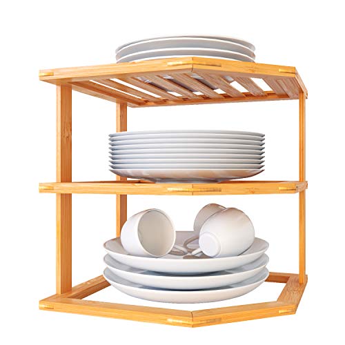Home Intuition 3-Tier Bamboo Wood Corner Rack For Plates, Mugs Kitchen Pantry Cabinet Storage Shelf, 10" X 10" X 9-1/2" #TOP19