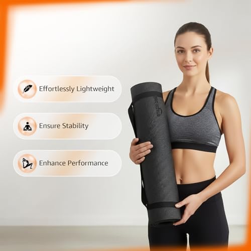 Image of Amazon Basics PVC Yoga & Exercise Mat with Carrying Strap | 6 mm Thick | Non-Slip Textured Surface | Lightweight & Durable | Floor Protection | Ideal for Home, Gym, Studio & Outdoor Workouts | Black
