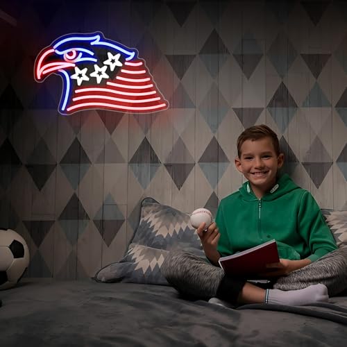 Image of Whfobfe National Flag Eagle Neon Sign Boy Room Game Room Decor Led Neon Lights Signs for Wall Decor USB Powered Led for Room Decoration