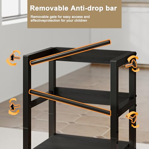 Image of INNOD Kitchen Step Stool for Toddlers, Height Adjustable Toddler Tower with Safety Rail, Steel and Wood Toddler Kitchen Stool Helper Kids, Stool for Kids, Learning Tower, Kids' Desk Black
