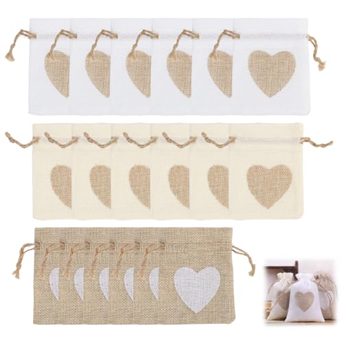 Lot de 18 Sachets en Toile de Jute 10×8 cm – Pochettes Jute avec Cordon de Serrage et Motif Cœur – Sachets en Tissu Réutilisables pour Bijoux, Bonbons,...