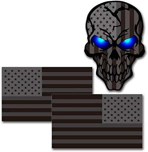 3 Pack 5.1"Reflective All Black American Flag Sticker, Skull Decal with Black US Flags, UV Fade Resistant Vinyl Car Flags Stickers for Trucks Jeep Van Women Men Motorcycle Laptop Skateboard Bike Bumper Window Decals