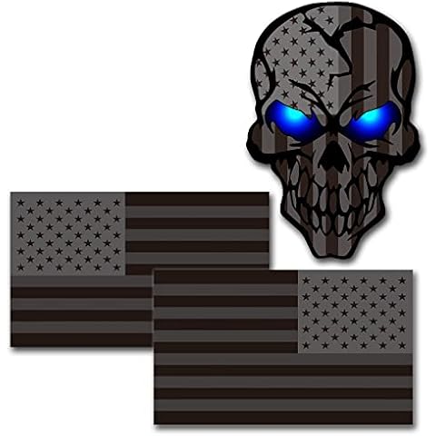 3 Pack 5.1"Reflective All Black American Flag Sticker, Skull Decal with Black US Flags, UV Fade Resistant Vinyl Car Flags Stickers for Trucks Jeep Van Women Men Motorcycle Laptop Skateboard Bike Bumpe Cover