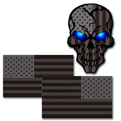 3 Pack 5.1"Reflective All Black American Flag Sticker, Skull Decal with Black US Flags, UV Fade Resistant Vinyl Car Flags Stickers for Trucks Jeep Van Women Men Motorcycle Laptop Skateboard Bike Bumpe
