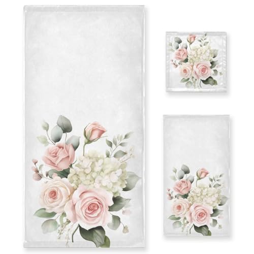 Bolaz Bath Towel Sets for Bathroom Hand Towels Fingertip Towels Pink Rose & Hydrangea Flower 3 Piece Decorative Soft Cotton Absorbent