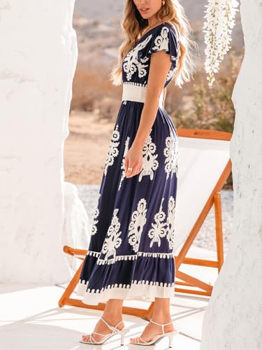 Image of CUPSHE Women's Summer Midi Dress V Neck Ruffle Short Sleeve Smocked Waist Dress