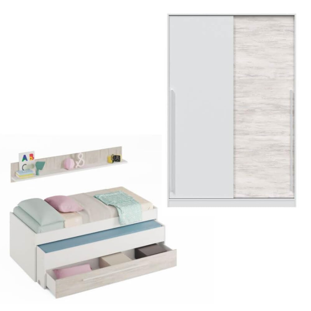 Mobelcenter, Dormitorio Juvenil Elliot, Conjunto Dormitorio Infantil Juvenil Color Blanco Artik y Blanco Velho, Cama Nido con Cajón y Armario 2 Puertas con Barra de Colgar y 4 estantes (P0055)