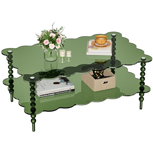 Dewrhiixe Acrylic Coffee Table, 2-Tier Living Room Table with Storage, Center Table Mid-Modern Century for Living Room, Easy to Assemble (Green, 37.8“×23.6“×15.7”)