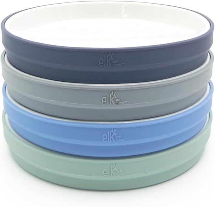 Elk and Friends Kids/Toddler 7.8" Porcelain Plates + Sleeves | 4pk | Silicone Sleeves | Non Divided Plates | Non Slip Dinnerware | Microwave + Dishwasher Safe