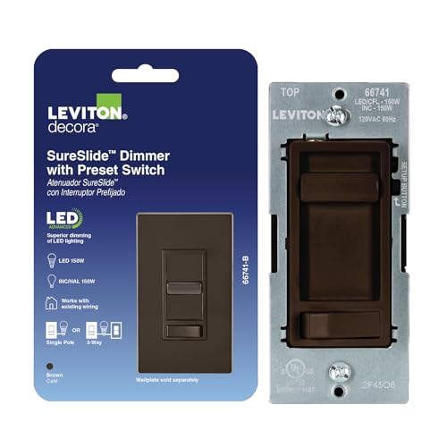 Leviton SureSlide LED Advanced Dimmer Switch for 150W Dimmable LED Halogen and Incandescent Bulbs and Fixtures 66741-B Brown