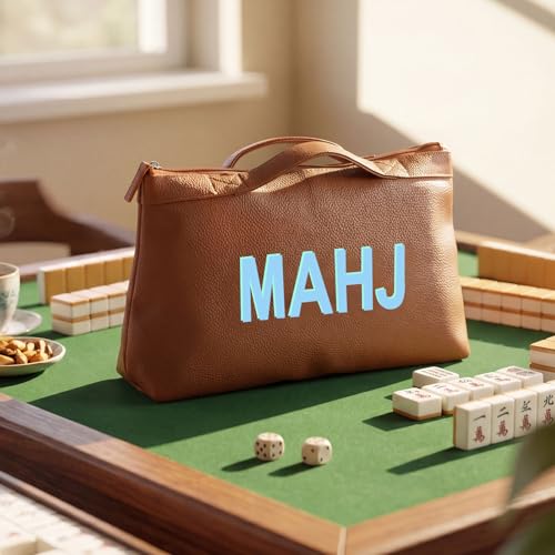 Bolsa de cuero para fichas Mahjong con cierre y asa, marrón miniatura 6