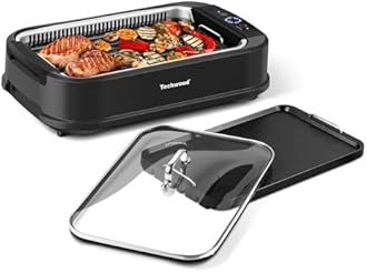 Techwood Indoor Grill Smokeless Grill, Electric Korean BBQ Grill with Glass Lid, Turbo Smoke Extractor Technology, Dishwasher-Safe Drip Tray & Nonstick Grilling Removable Plate, Black, 1500W