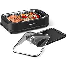 Techwood Indoor Grill Smokeless Grill, Electric Korean BBQ Grill with Glass Lid, Turbo Smoke Extractor Technology, Dishwasher-Safe Drip Tray & Nonstick Grilling Removable Plate, Black, 1500W