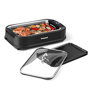 Indoor Grill, Techwood 1500W Smokeless Electric Grill with 2 in1 Nonstick Grill/Griddle Plates, Portable Korean BBQ Grill with 6-Level Control, Glass Lid, Dishwasher Safe, Double Plates, Black