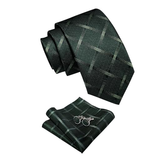 Image of YourTies Green Ties for Men Plaid Necktie Checkered Silk Tie Pocket Square Cufflinks Set Formal Business Party Wedding