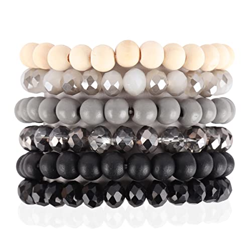 Image of RIAH FASHION Bohemian Multi-Layer Beaded Stacking Statement Bracelets - Versatile Stretch Strand Wood Beads Wrap Slip-on Cuff Bangle Set