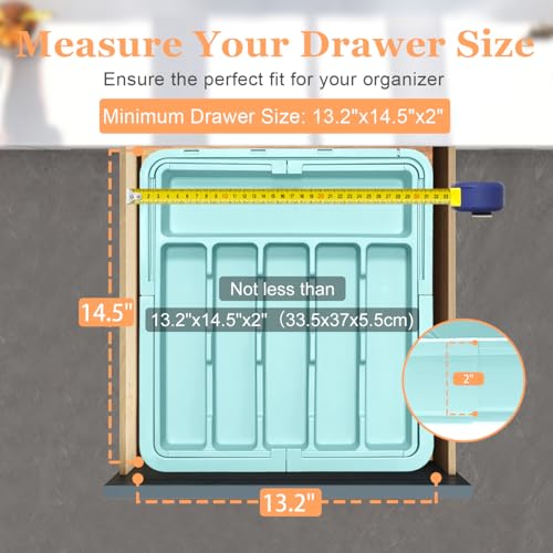 Silverware Organizer Expandable Kitchen Utensil Drawer Organizer Large BPA Free Adjustable Cutlery Silverware Tray for Spoons Forks Knives Storage Divider for Kitchen Flatware 6-9 Slots Turquoise