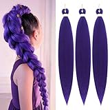 Purple Braiding Hair 24Inch 3 Packs Braiding Hair Pre Stretched Colored Hair Extensions for Twist or Box Braids Hot Water Setting Soft Yaki Texture Long Synthetic Crochet Braids(24Inch, Dark Purple)
