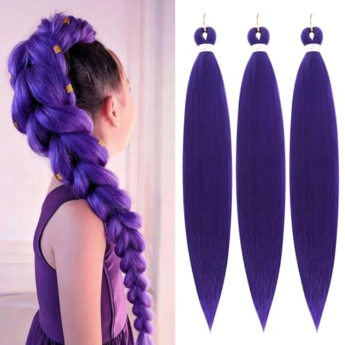 Purple Braiding Hair 24Inch 3 Packs Braiding Hair Pre Stretched Colored Hair Extensions for Twist or Box Braids Hot Water Setting Soft Yaki Texture Long Synthetic Crochet Braids(24Inch, Dark Purple)